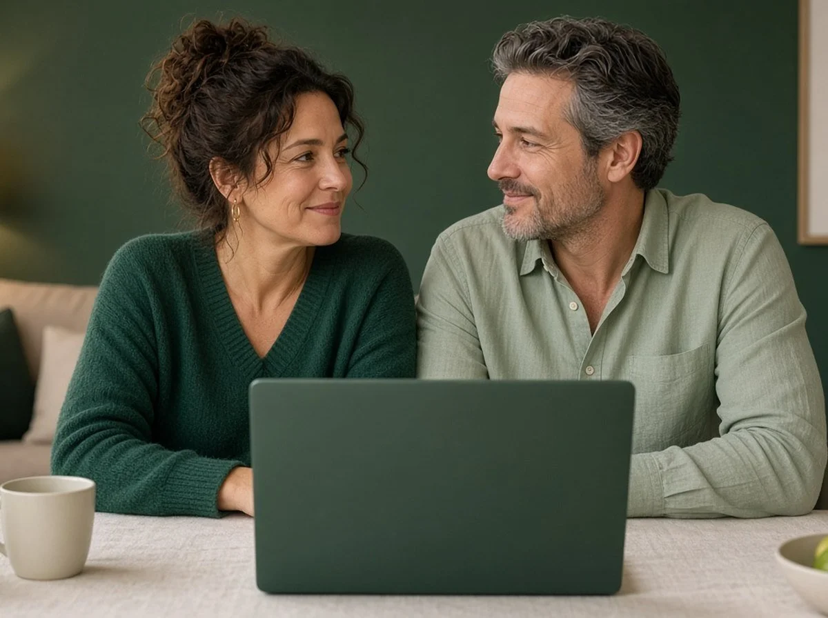 A couple at home joining an online couples counselling session together