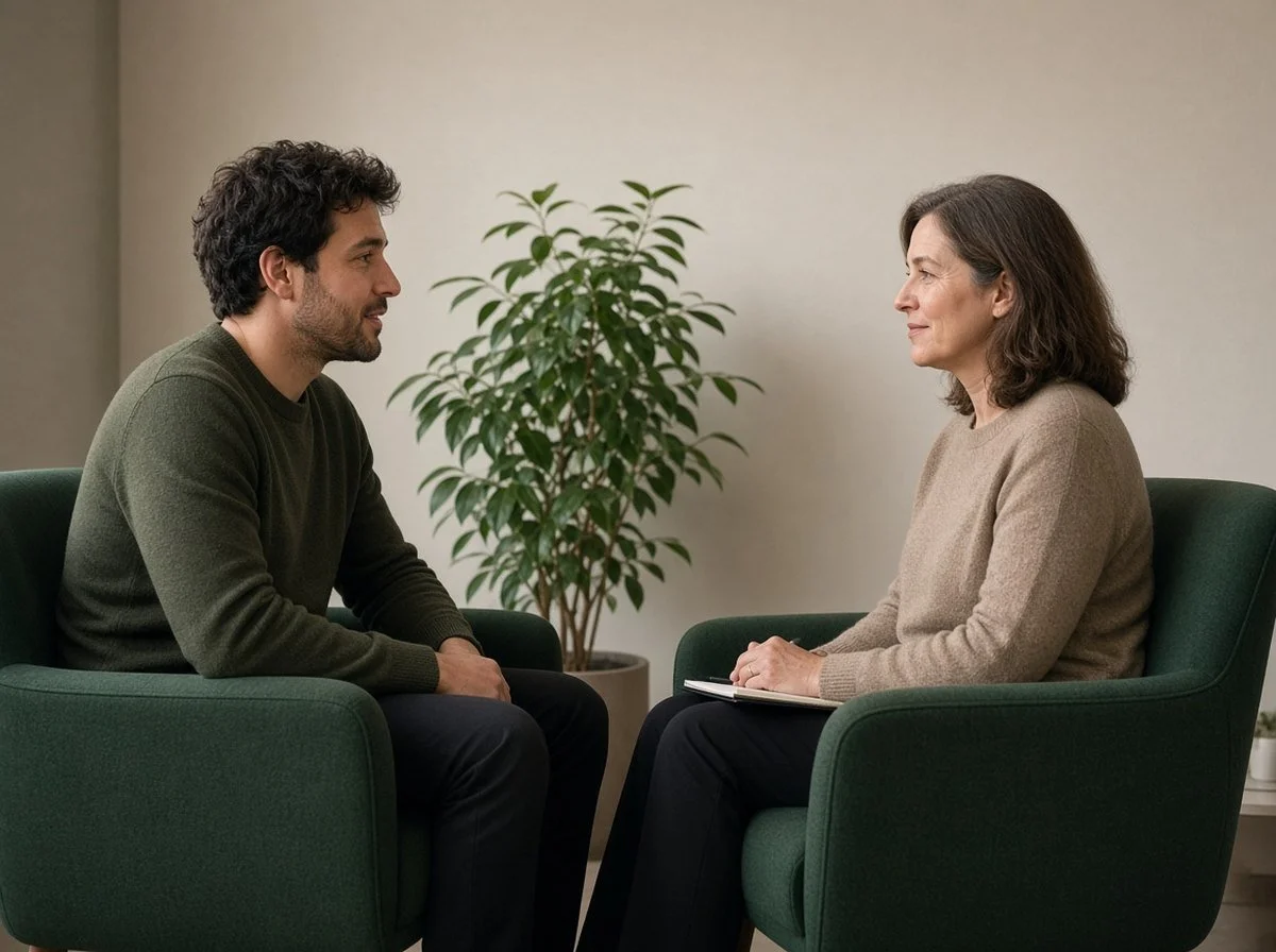 Autistic adult talking with a therapist in a calm counselling office