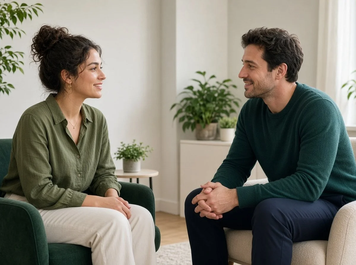 Adult talking with a therapist in a bright counselling room