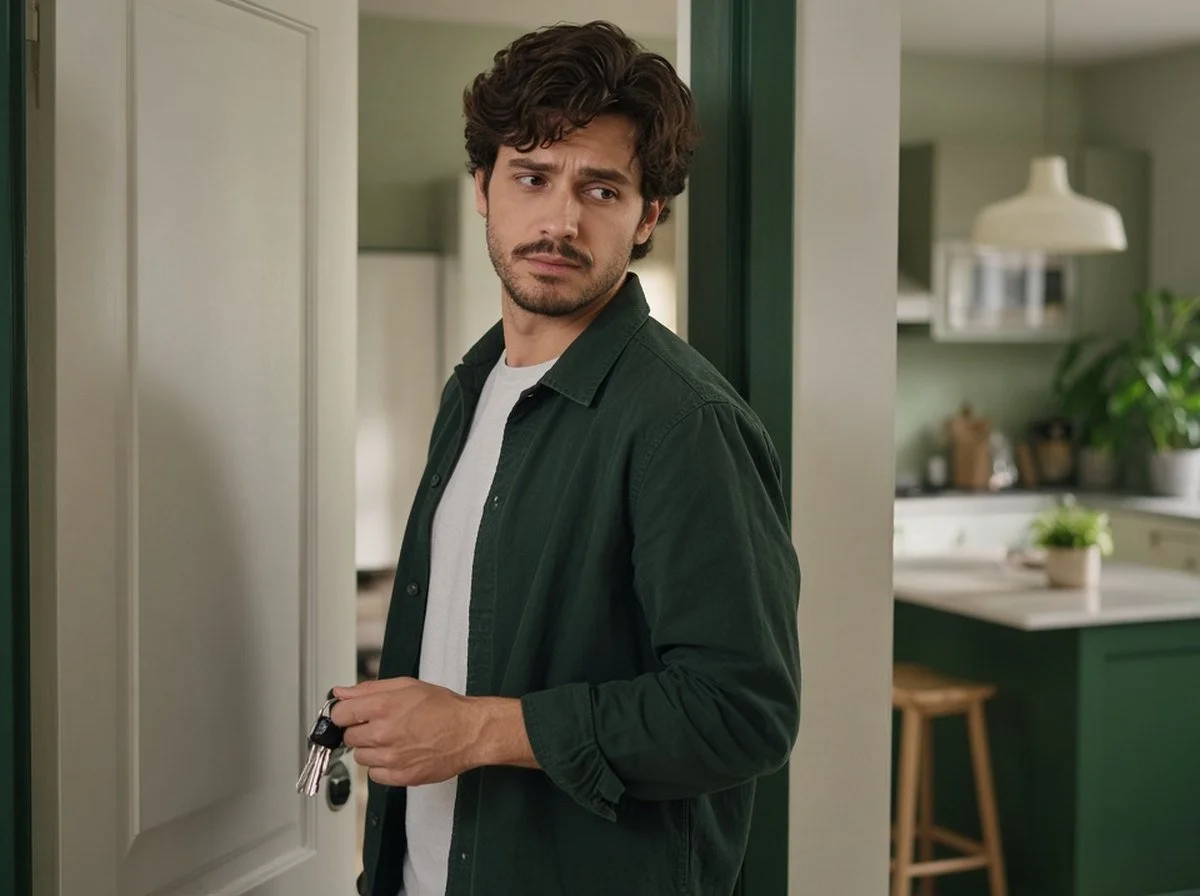 A man pausing in his doorway with his keys looking back with an uneasy expression