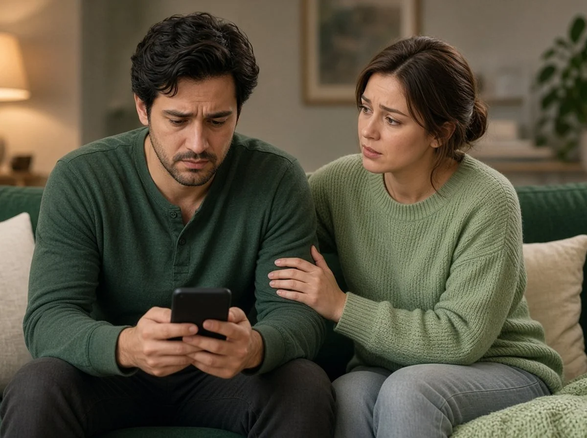 A man at home looking at his phone while his partner gently talks with him