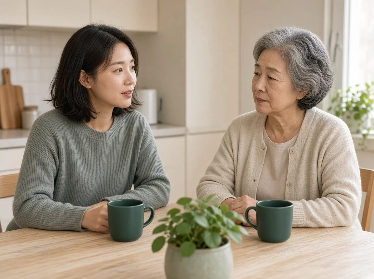 Adult daughter talking calmly with her mother at a kitchen table