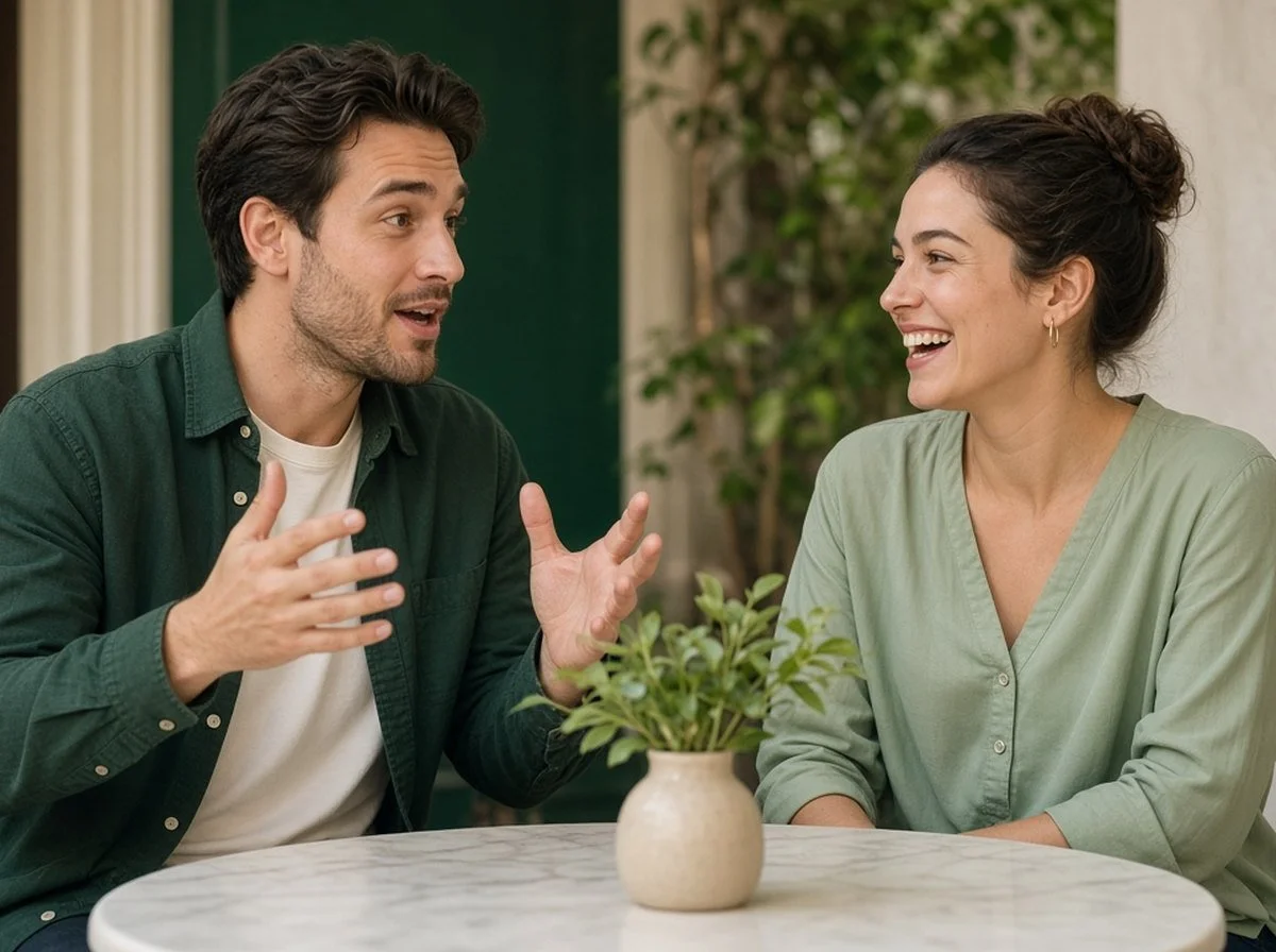 two friends in an animated conversation at a cafe
