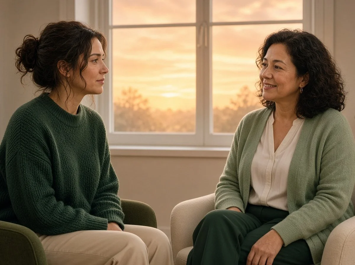 Woman and a therapist talking in a bright room