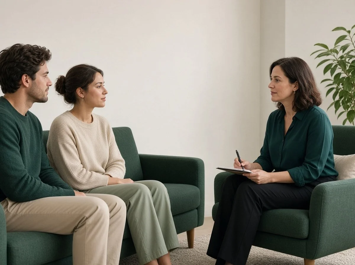 Couple talking with a woman counsellor