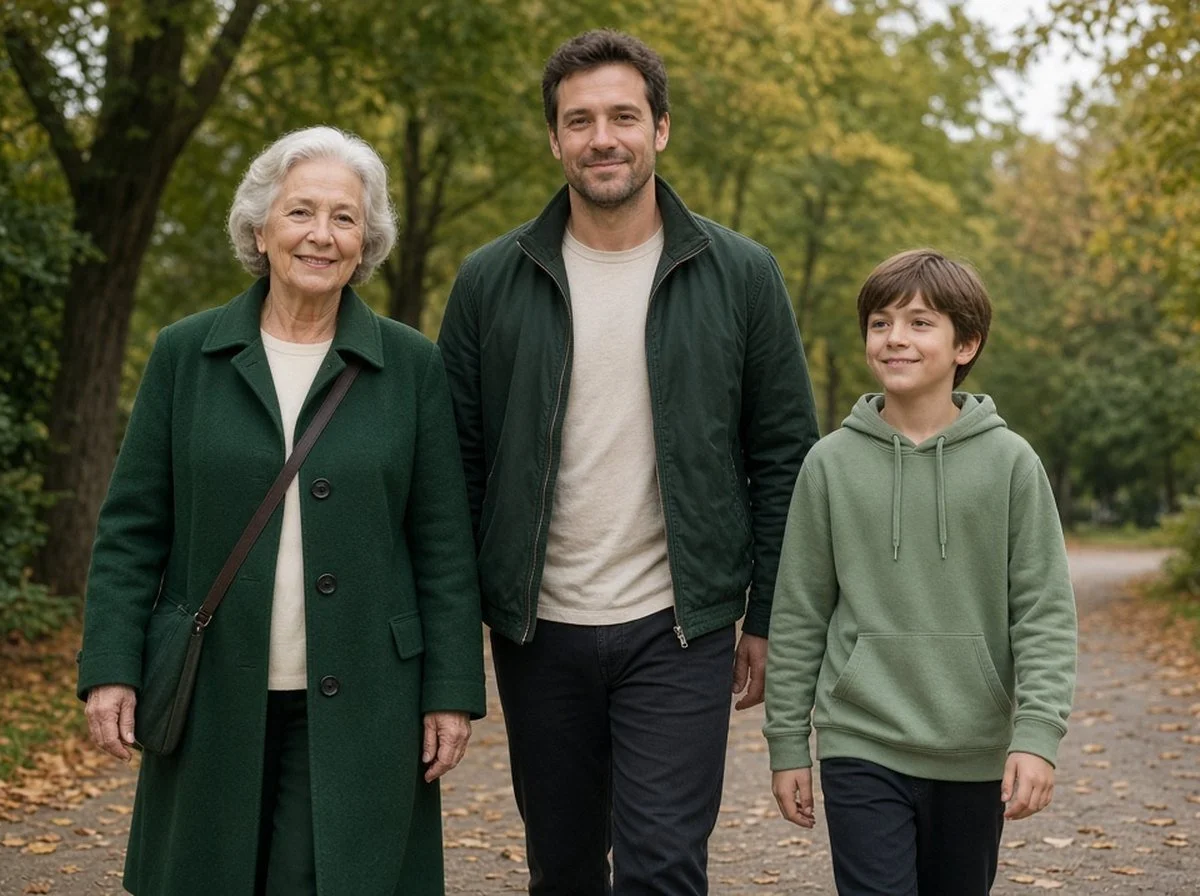 Grandmother, father and son walking on an autumn path