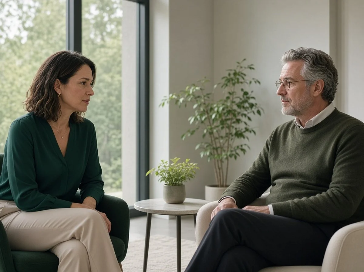 An adult talking thoughtfully with a therapist