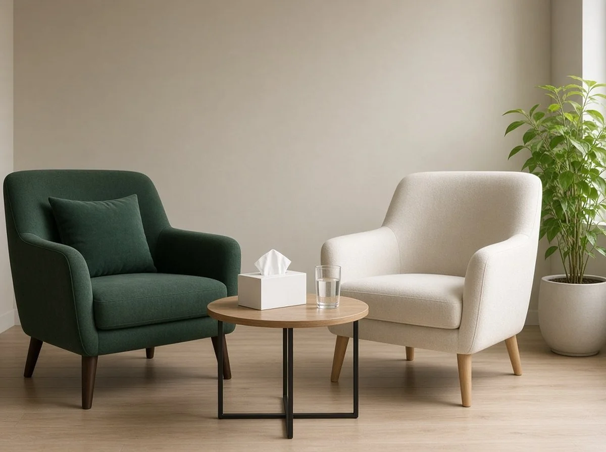 Two armchairs facing each other in a calm, bright counselling room