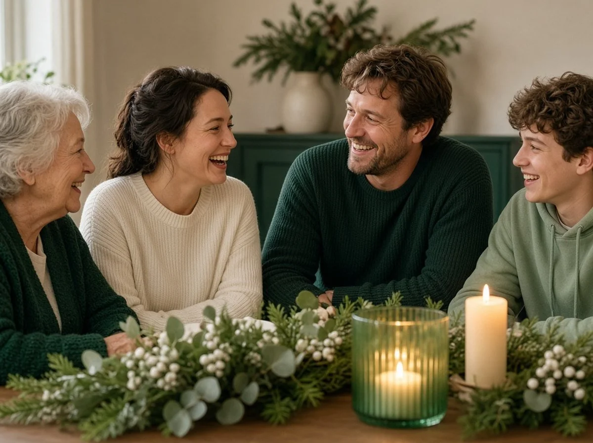 A family laughing together at a holiday table