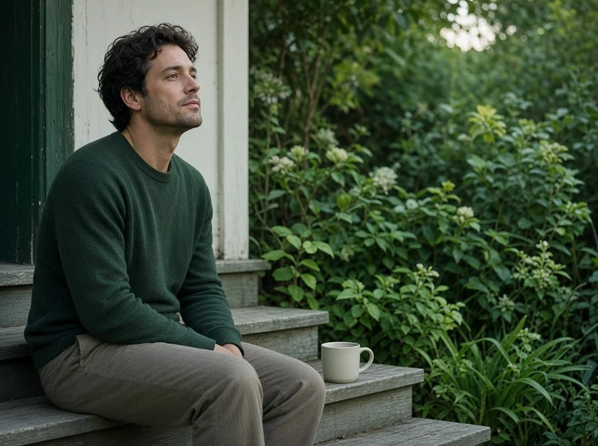 A man sitting on a back step at dusk taking a slow, calming breath