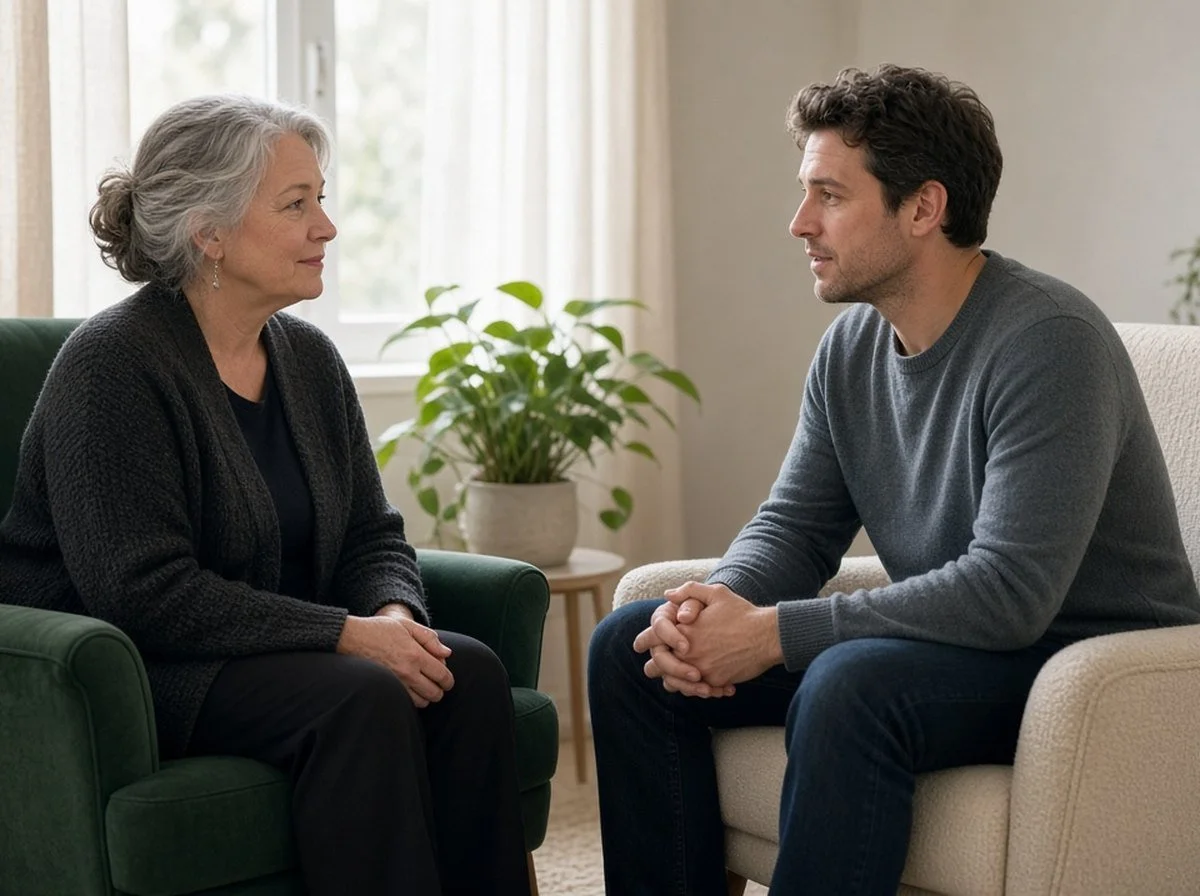 A counsellor and a client talking face to face in a calm counselling room