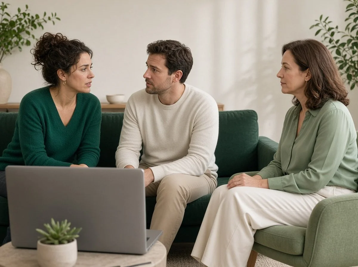 Couple on a green sofa turned toward each other with a therapist in an armchair nearby