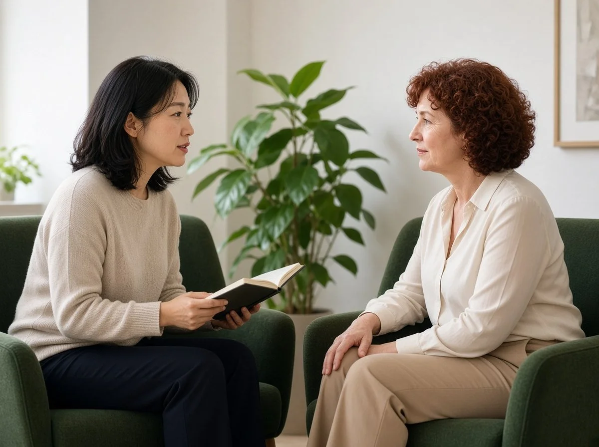 Woman sharing her notes with a psychologist