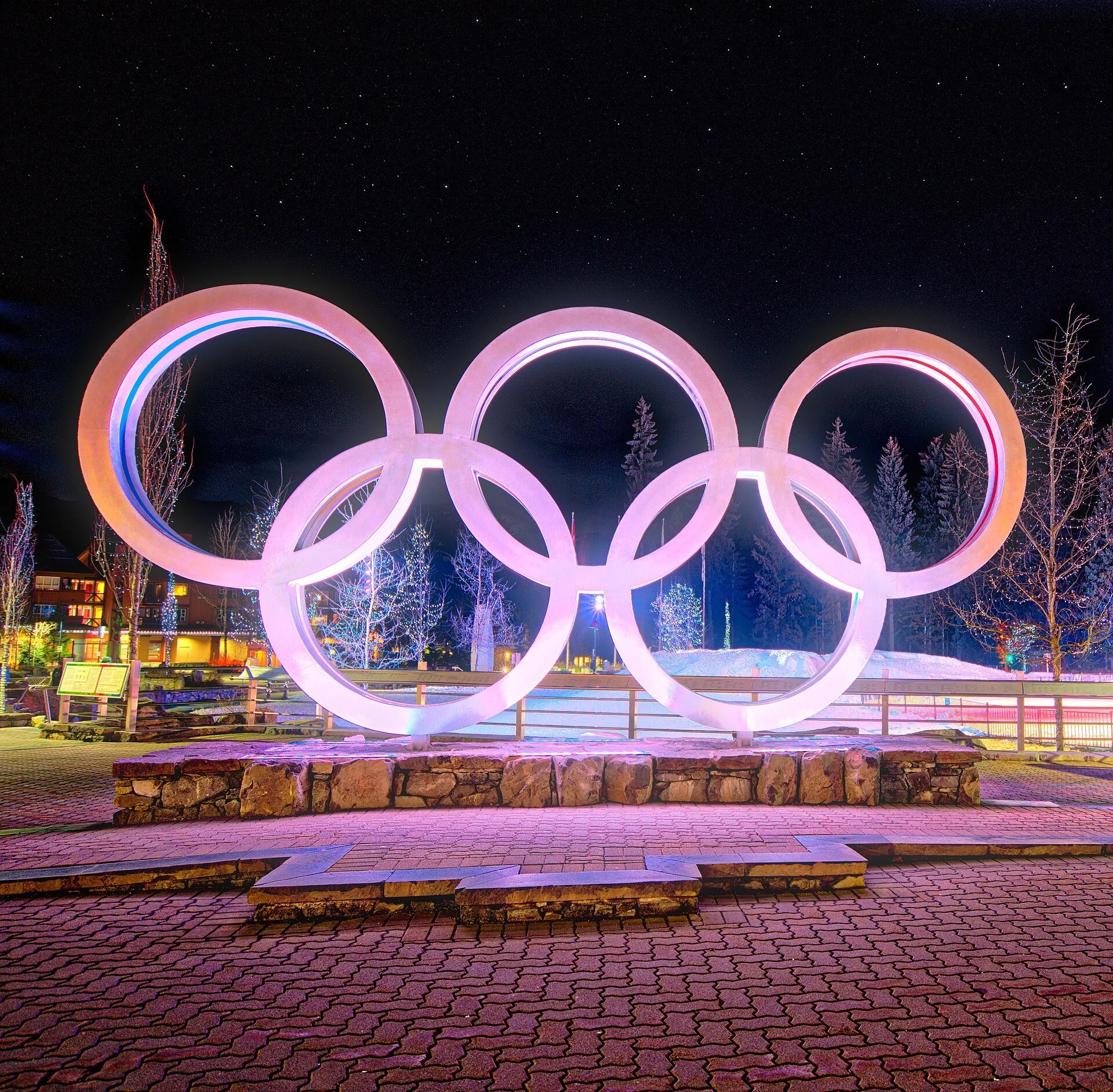 The Olympic rings lit up at night at Whistler Olympic Plaza in Whistler, BC.