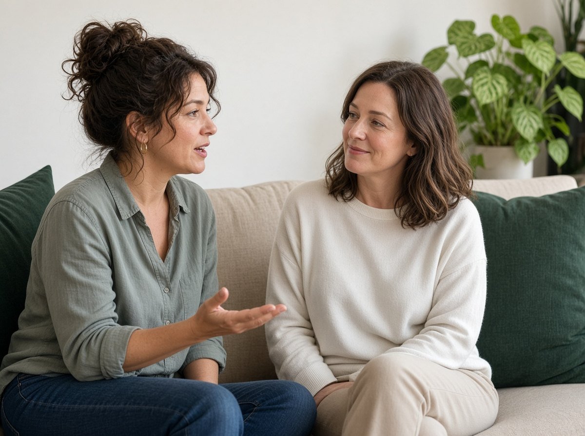 Two friends talking warmly on a couch, one listening closely