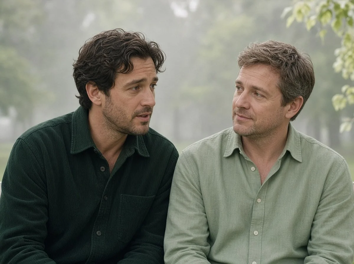 Man in a green jacket talking quietly with a friend on a park bench on a misty morning