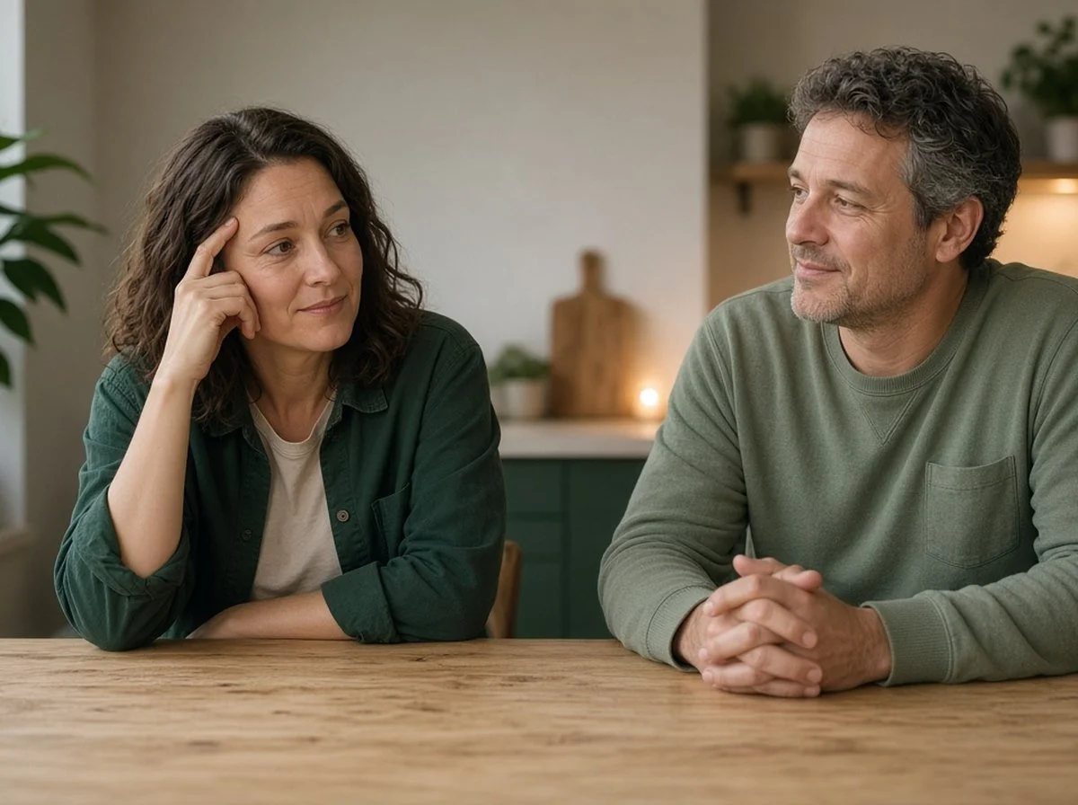 A tired woman talking with her partner at home after work