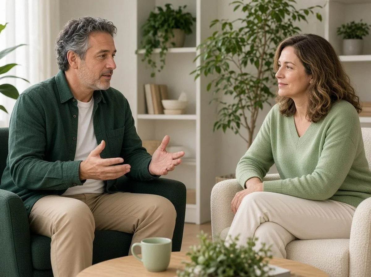 A man talking with a counsellor in a bright office