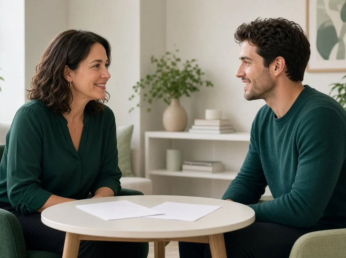 A man talking with a psychologist in a bright office