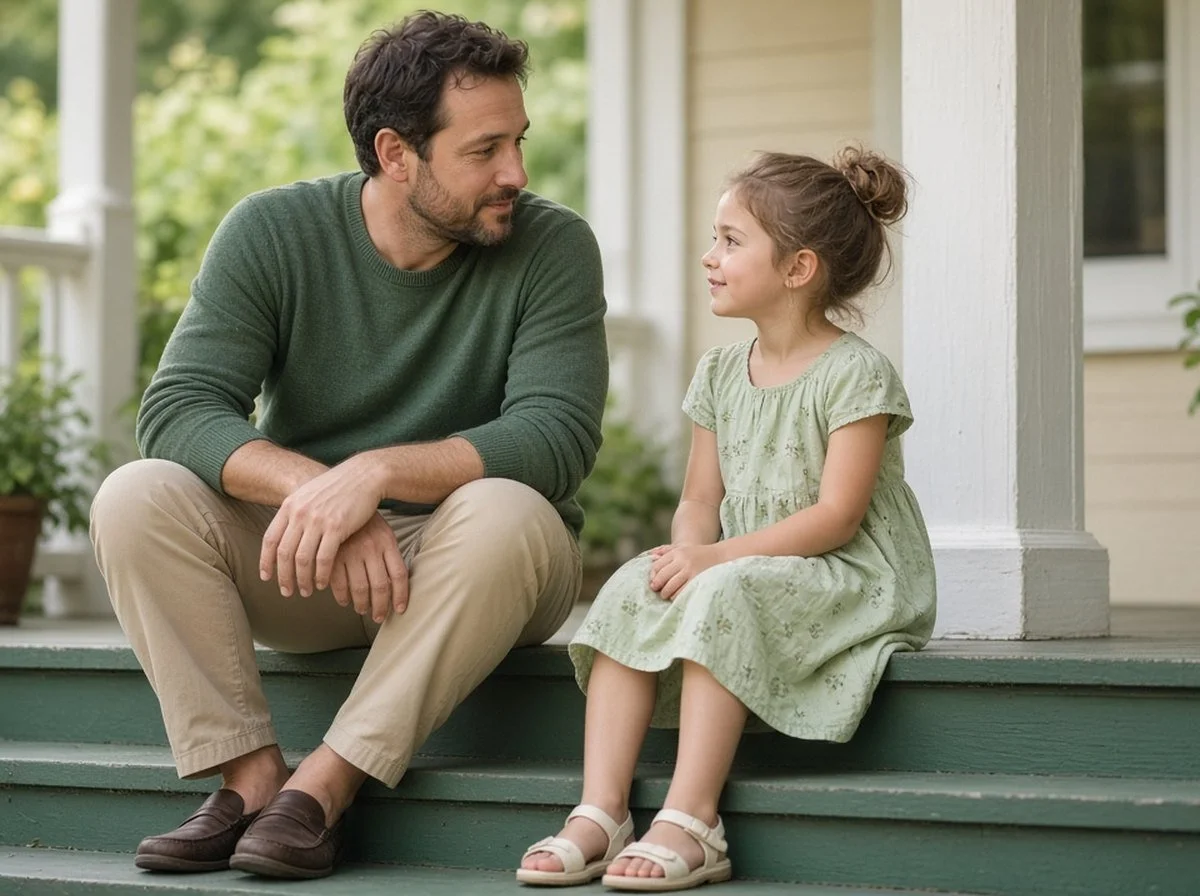 Father and daughter talking on a porch step