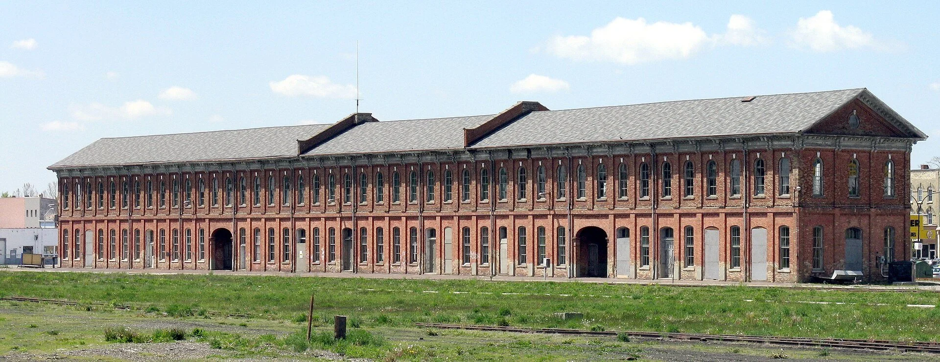 The long red-brick Canada Southern Railway Station in St. Thomas, Ontario.