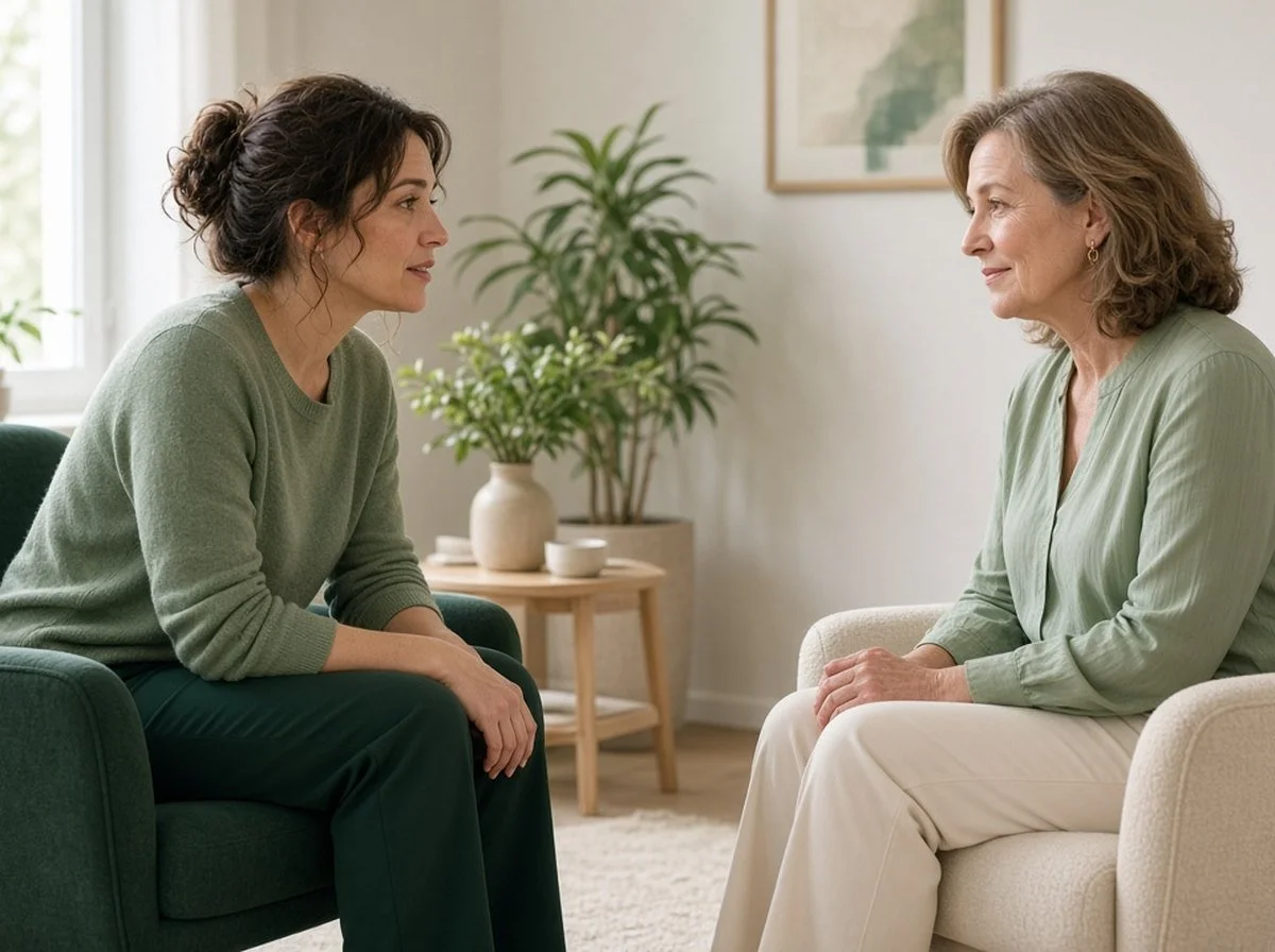 A woman talking with a counsellor in a calm office