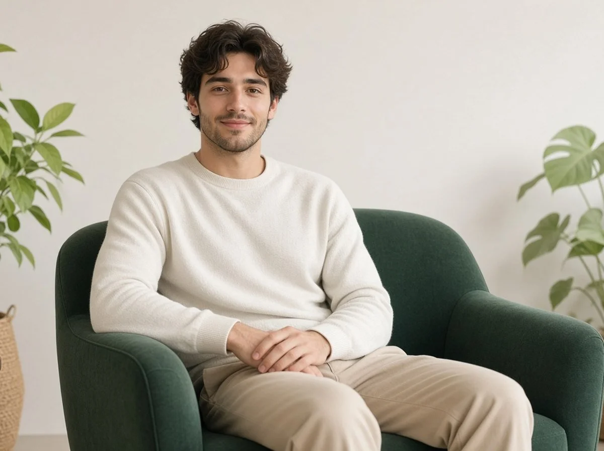 Young man sitting calm and open in a therapy armchair