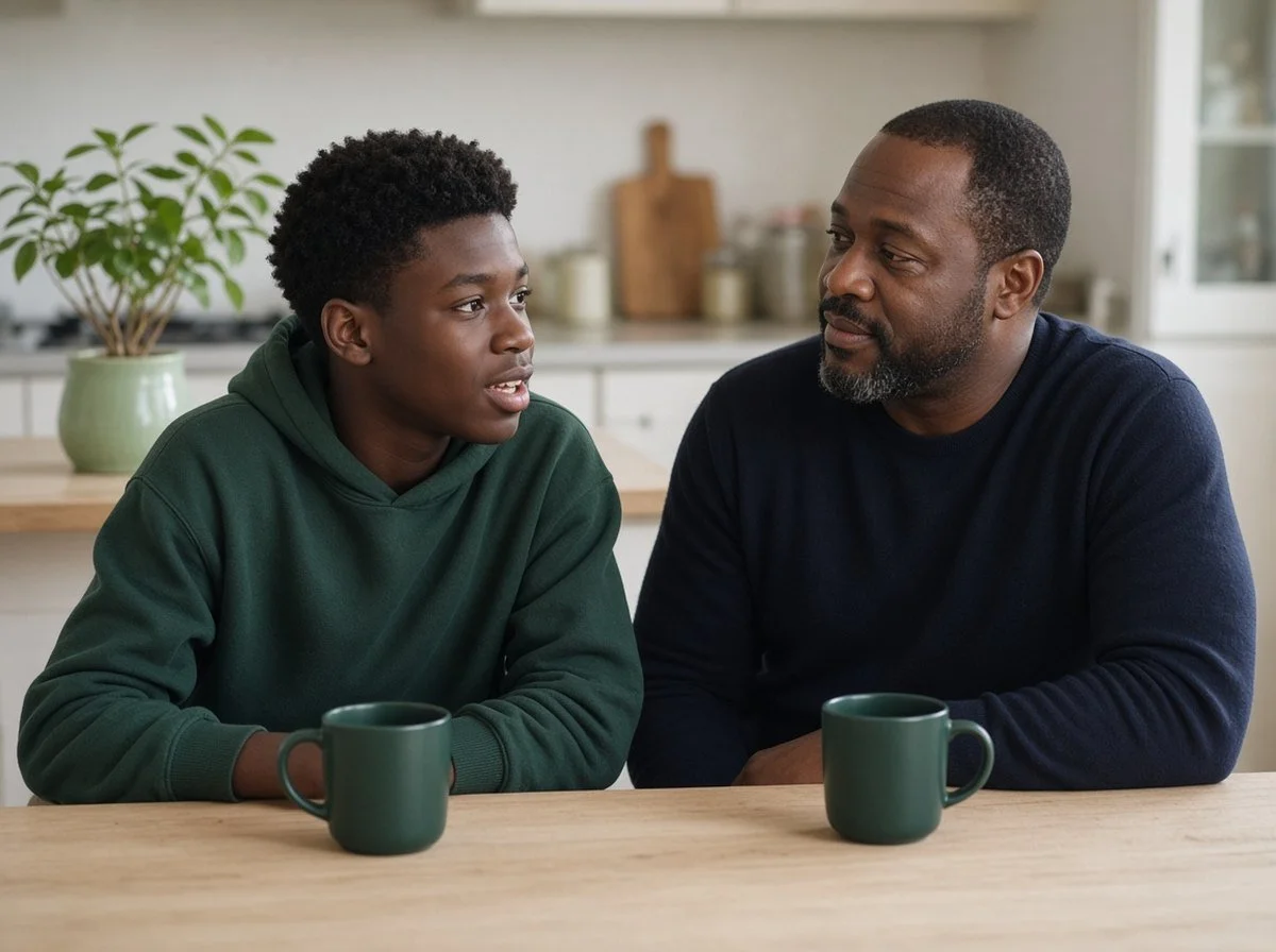 Father listening to his teenage son at the kitchen table