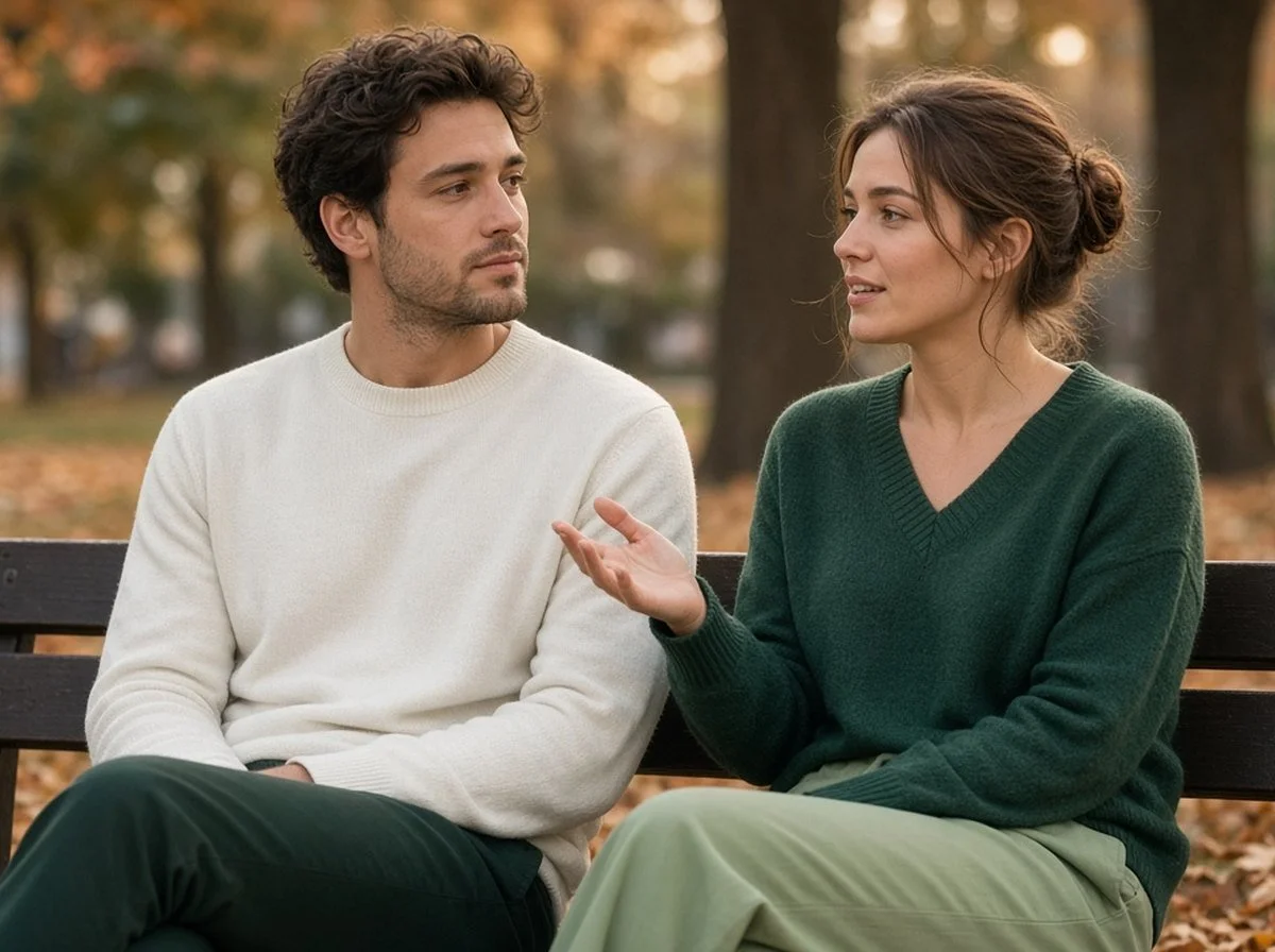 A young couple having a thoughtful talk on a park bench