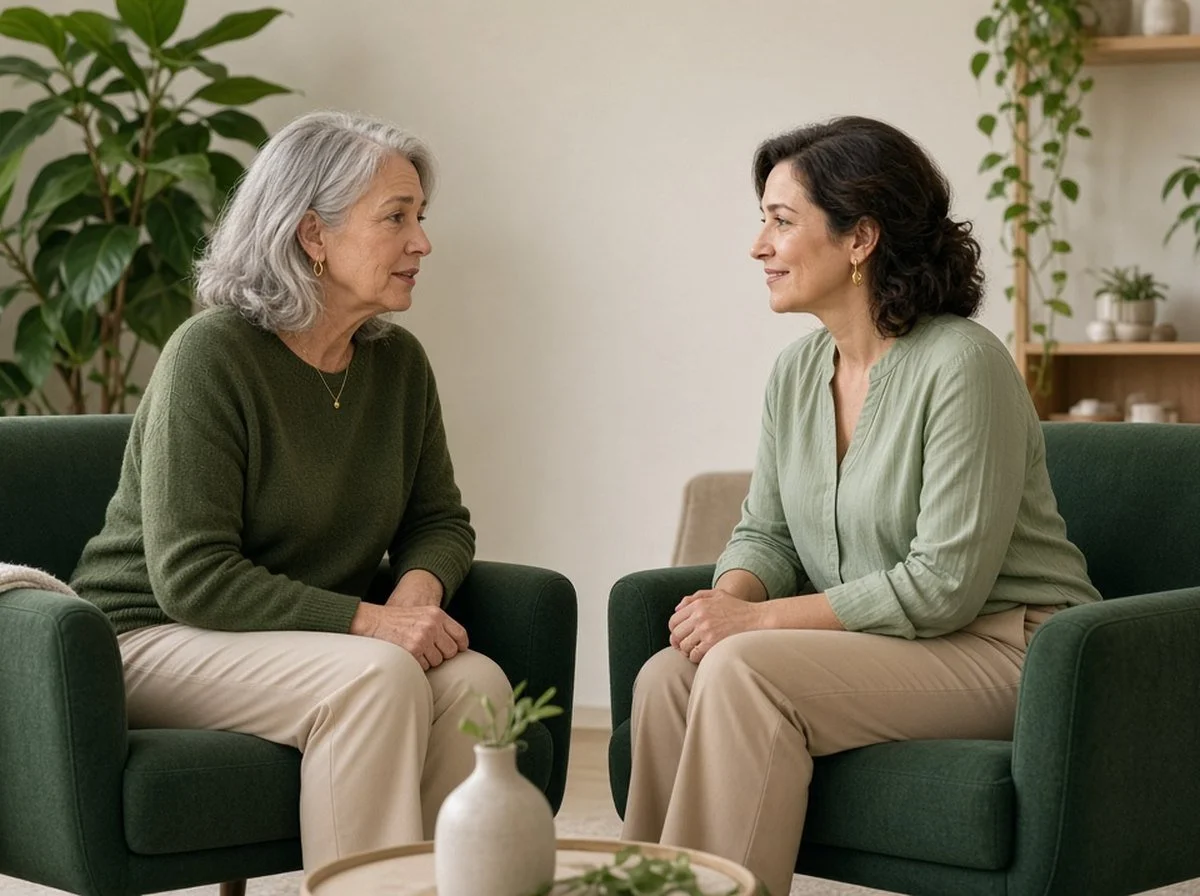 A mother talking with a counsellor in a warm, comfortable room