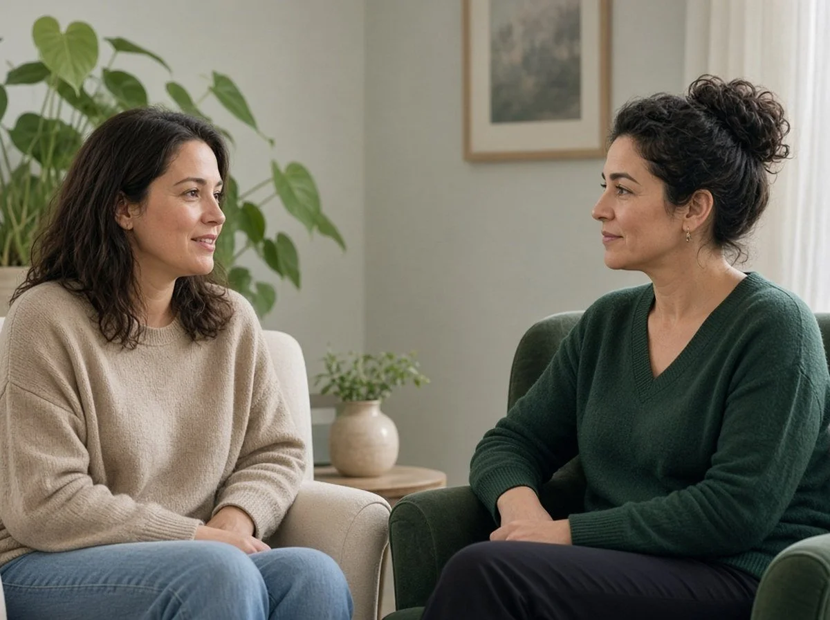 A woman and a counsellor facing each other talking in a calm room