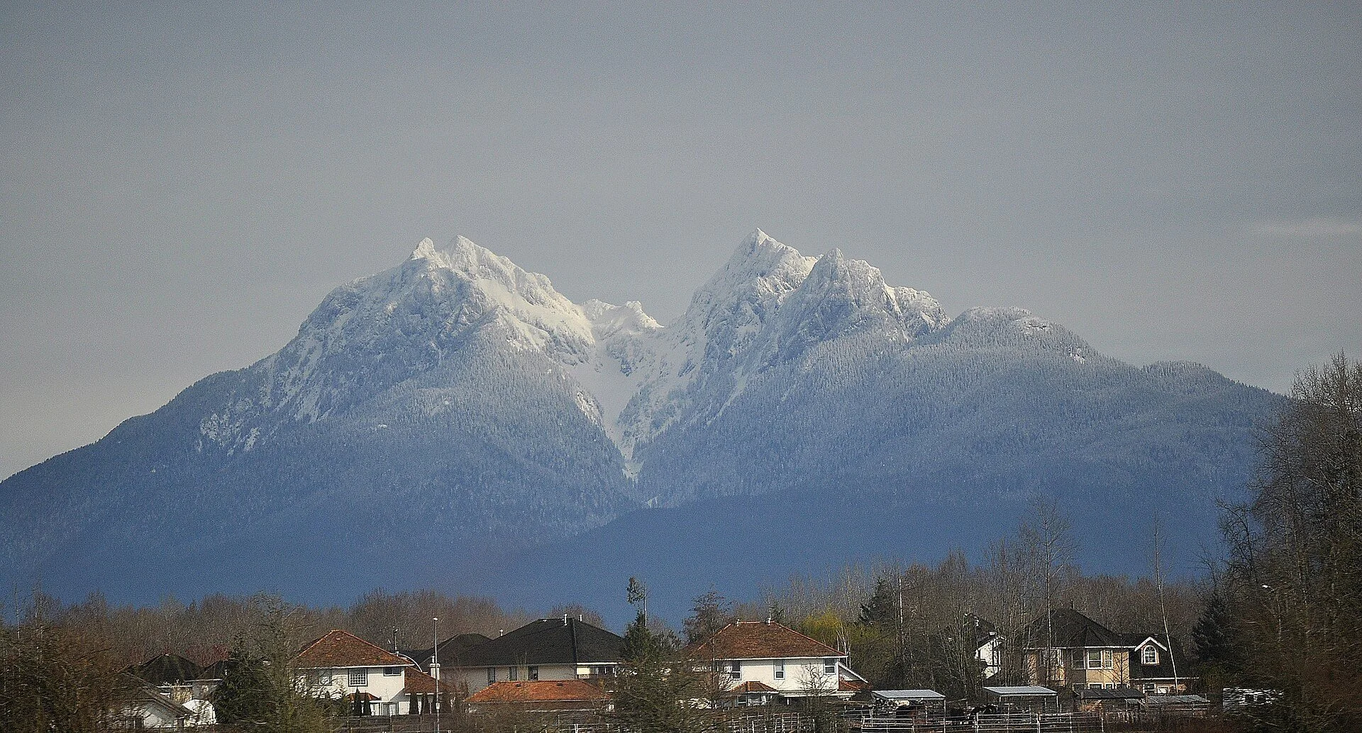The snow-capped twin peaks of Golden Ears rising above the rooftops of Maple Ridge.