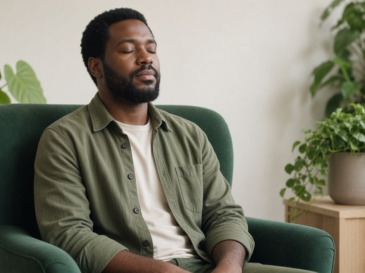 Man sitting quietly with his eyes closed in a counselling office