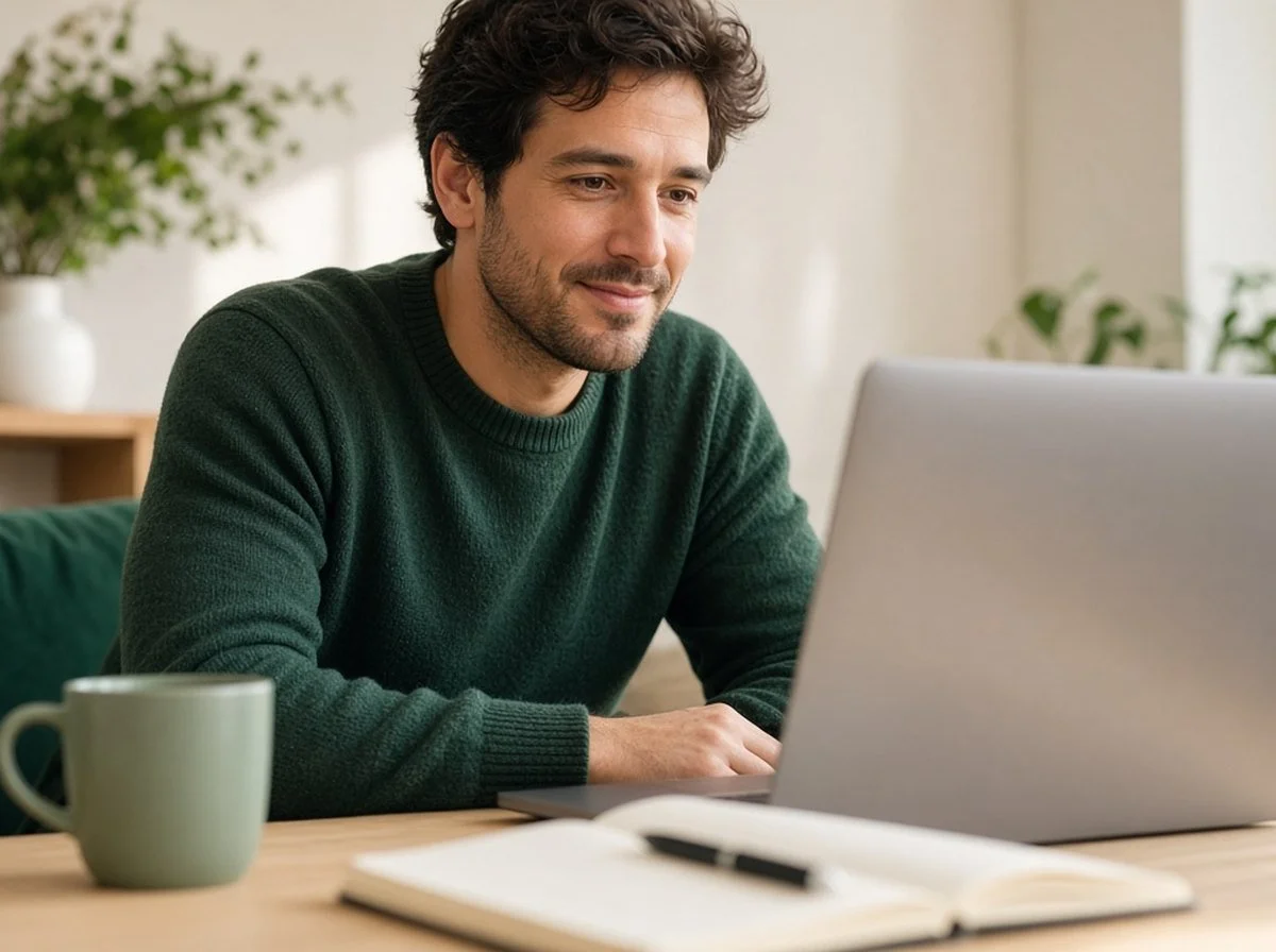 An adult in an online counselling session at home