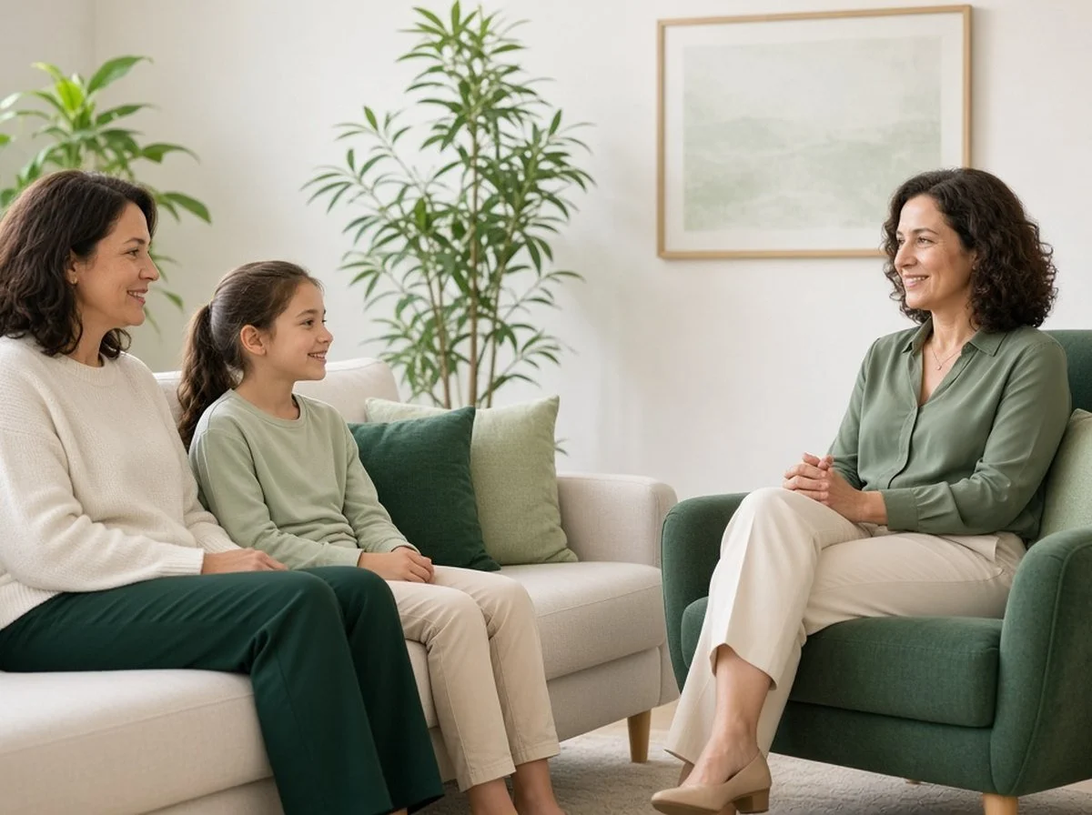 A parent and child meeting a therapist in a bright office