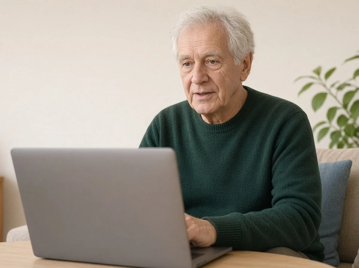 Older man in an online counselling session at home