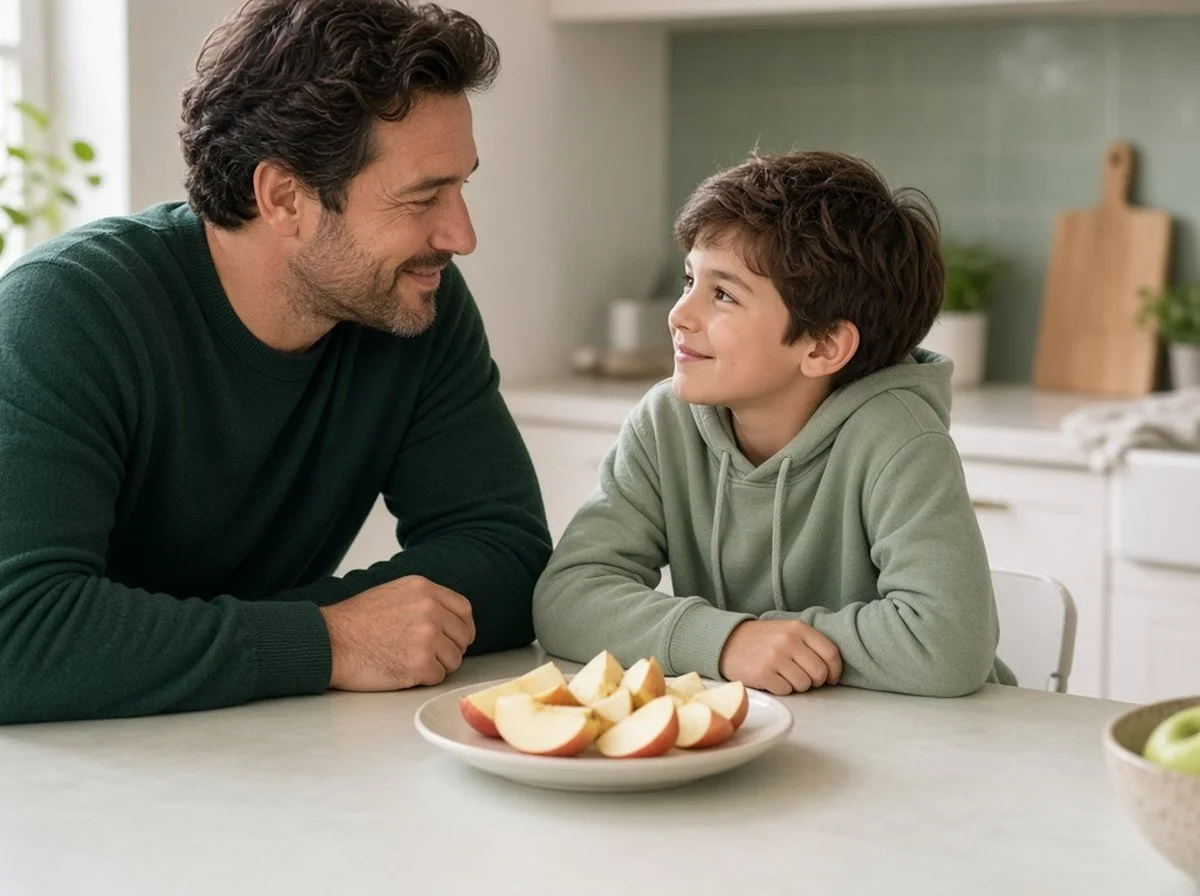 A parent and child talking at the kitchen table