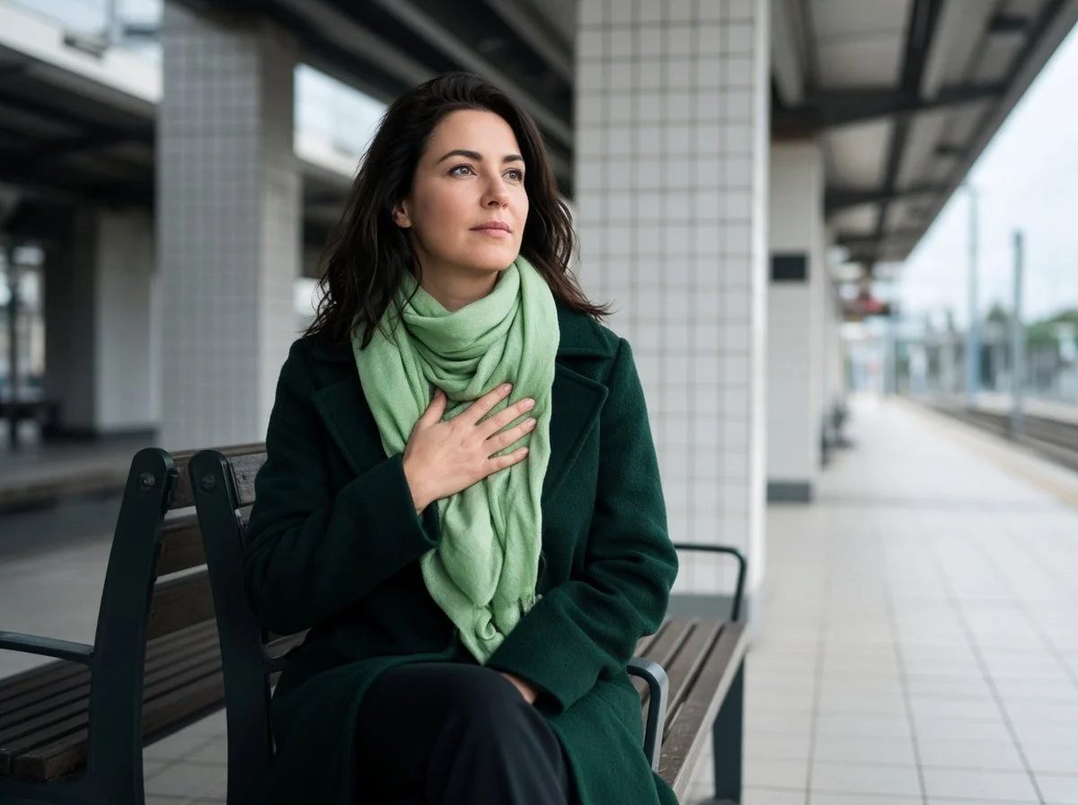 Woman on a transit platform breathing slowly with a calm, steadying expression