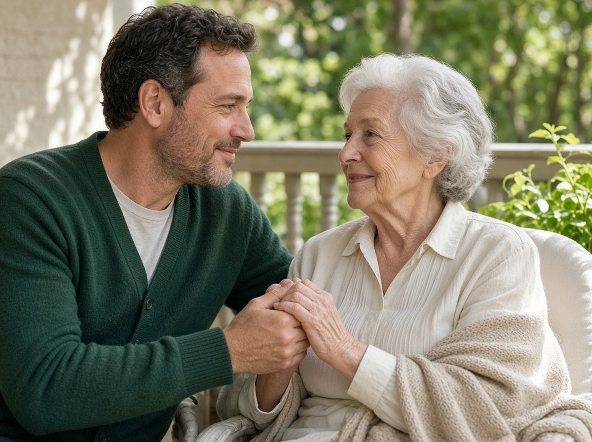Son holding his elderly mother's hands on a porch