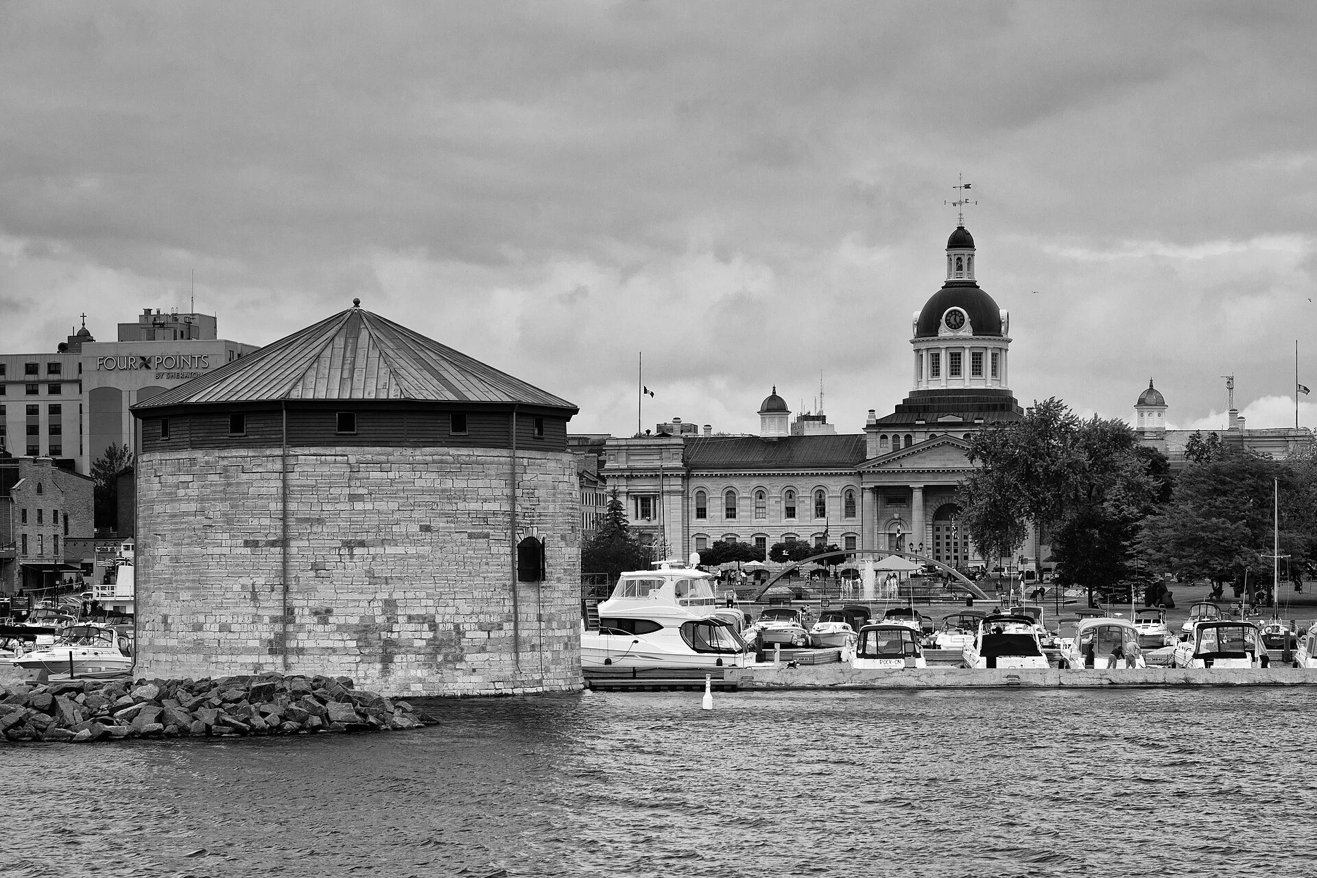 Shoal Tower in the harbour with the domed Kingston City Hall behind it.