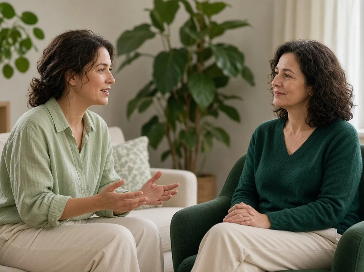 An adult client smiling slightly while talking with a therapist in a calm room