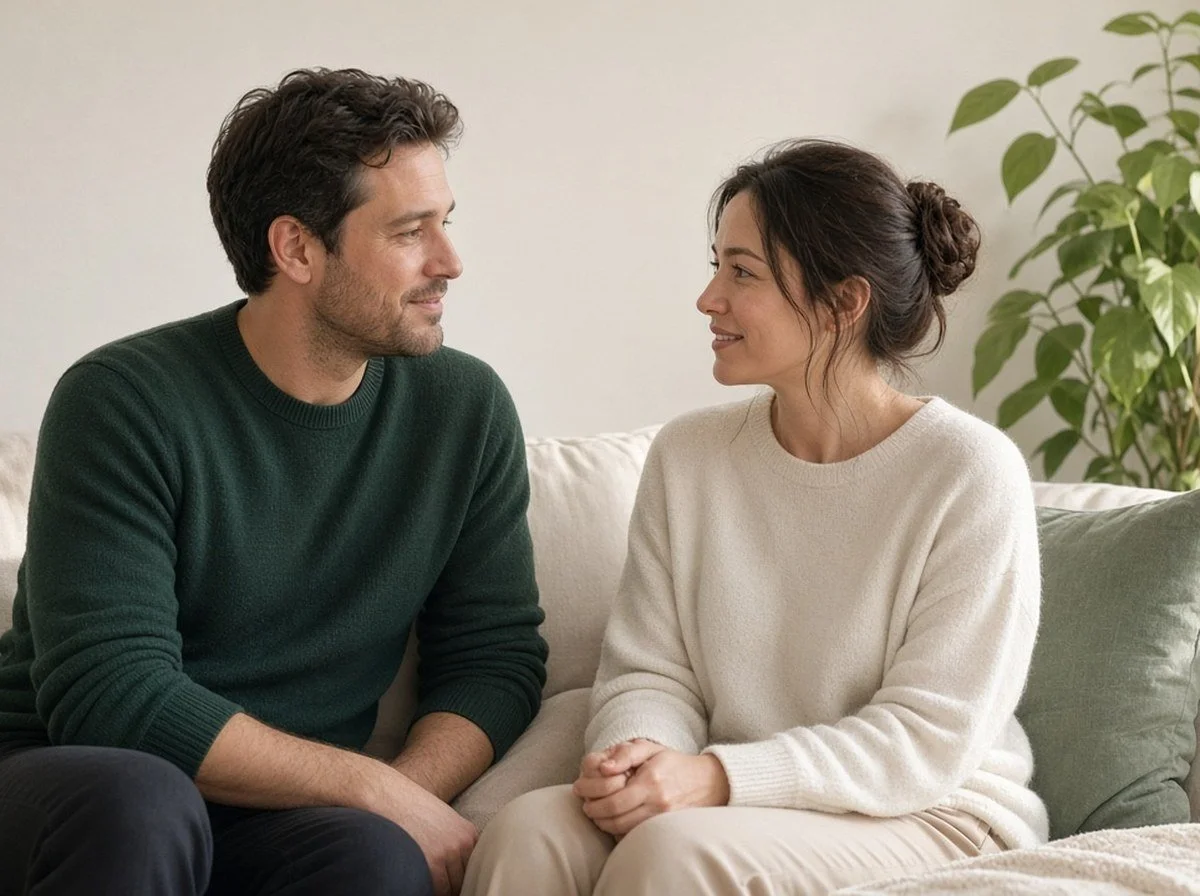 A couple sitting face to face on a couch, both faces visible, talking gently