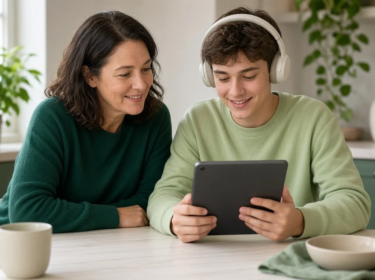 Teen in headphones using a tablet beside a parent