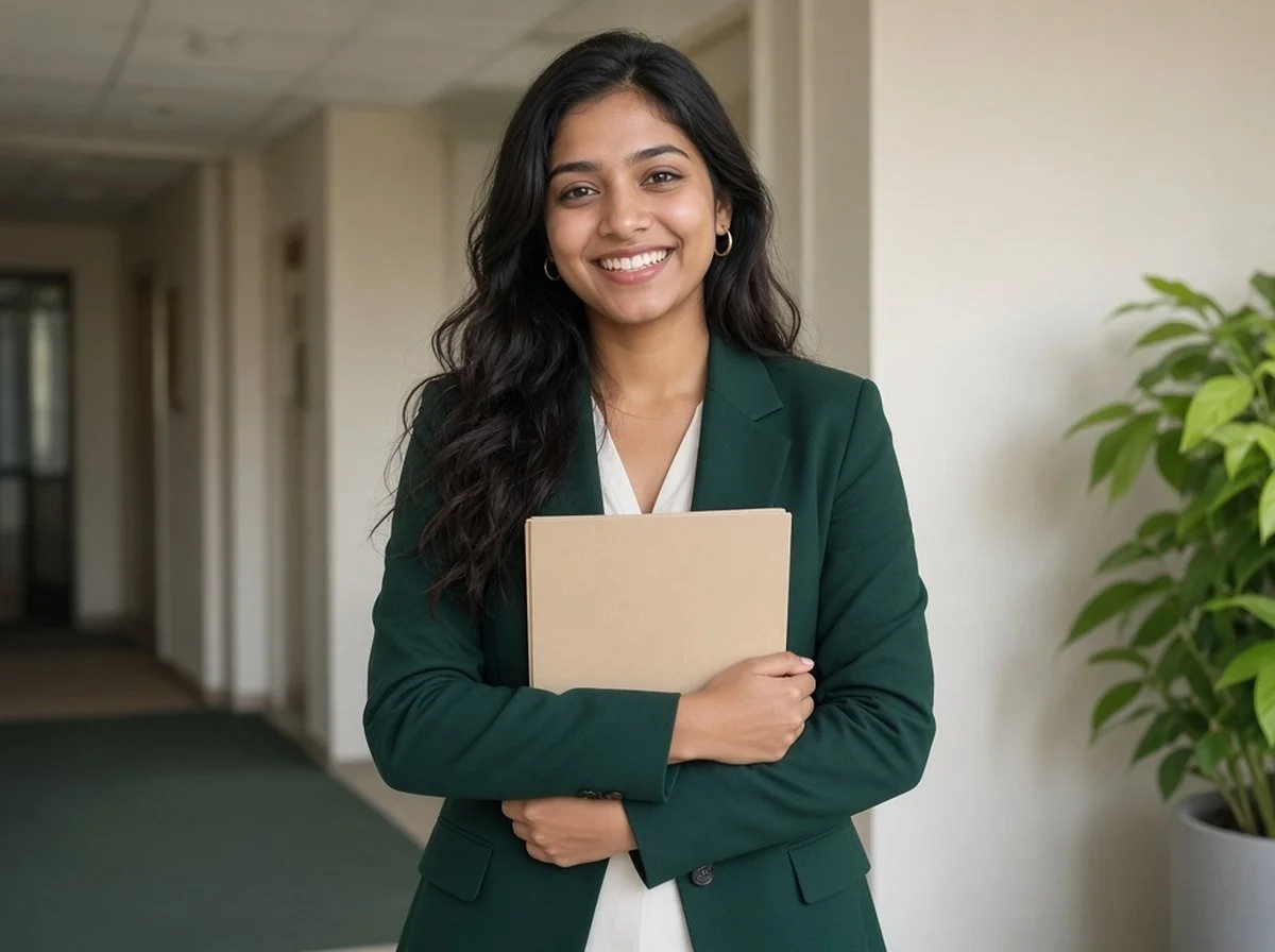 Young woman holding a folder with a nervous smile before a presentation