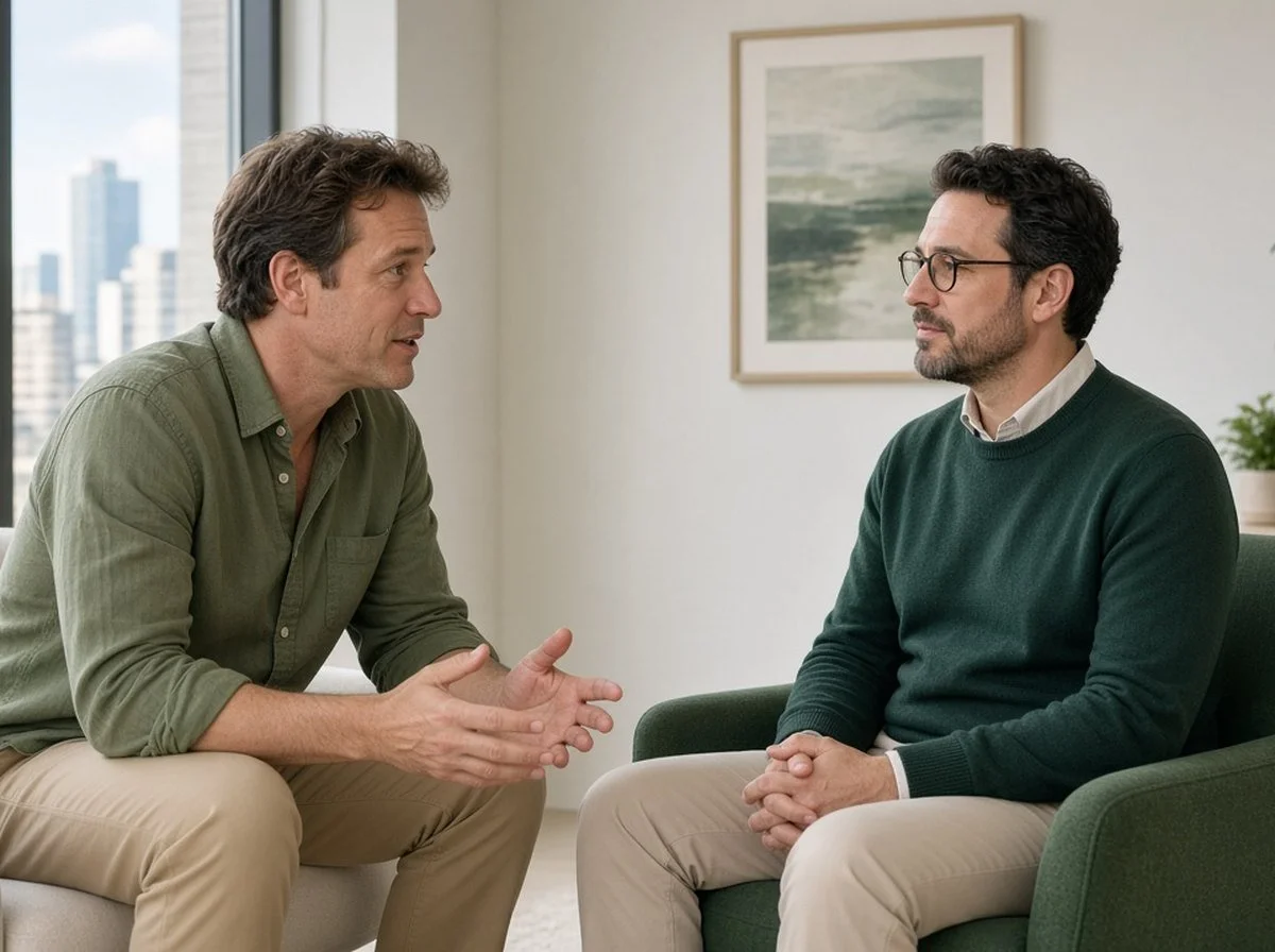 A man in his forties talking with a therapist in a downtown office