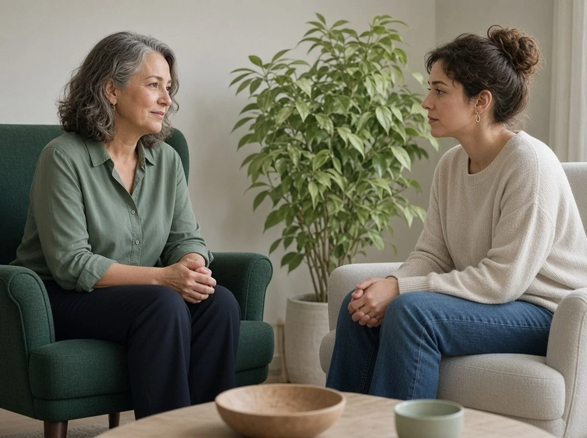 A counsellor and a client facing each other talking in a calm room