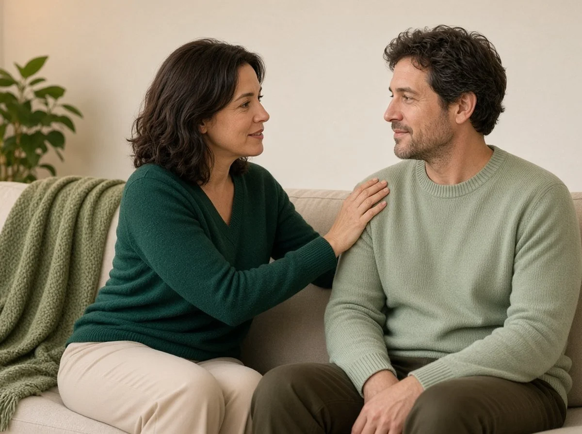 A friend comforting another adult on a couch.