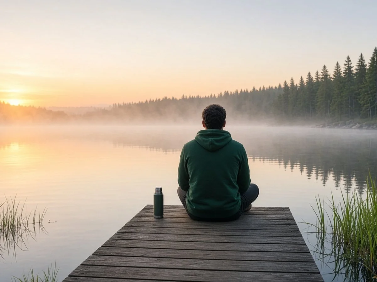 a man sitting alone on a dock at sunrise, seen from behind