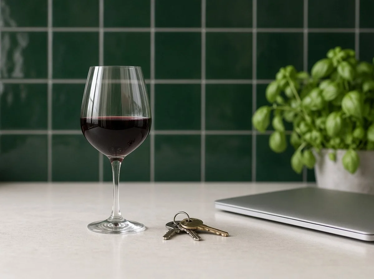 A glass of wine on a kitchen counter at the end of the day.