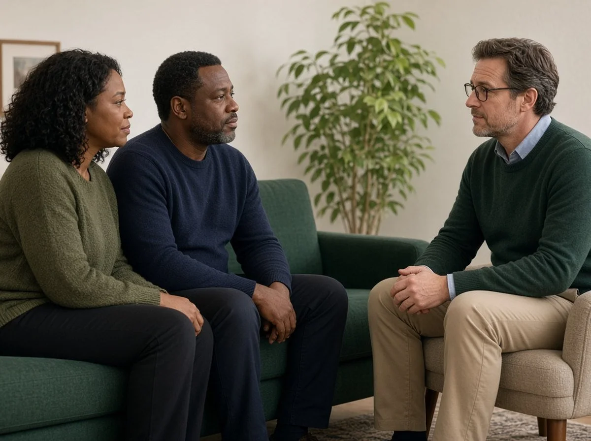 Couple on a sofa talking with a male therapist